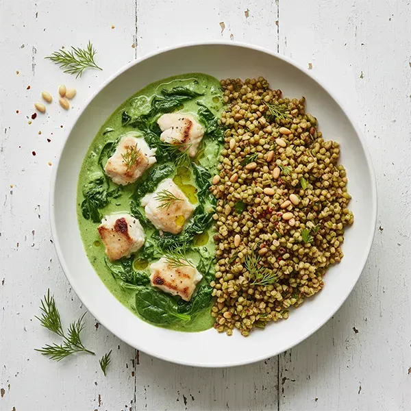 Fish & Spinach Yakhneh with Smoky Freekeh